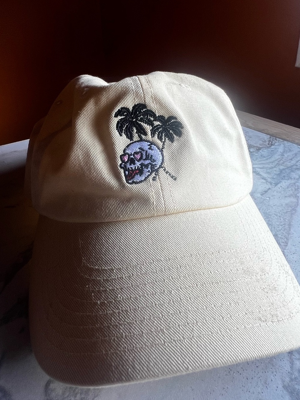VOLCOM Embroidered Skull & Palm Trees Baseball Cap - Pale Yellow